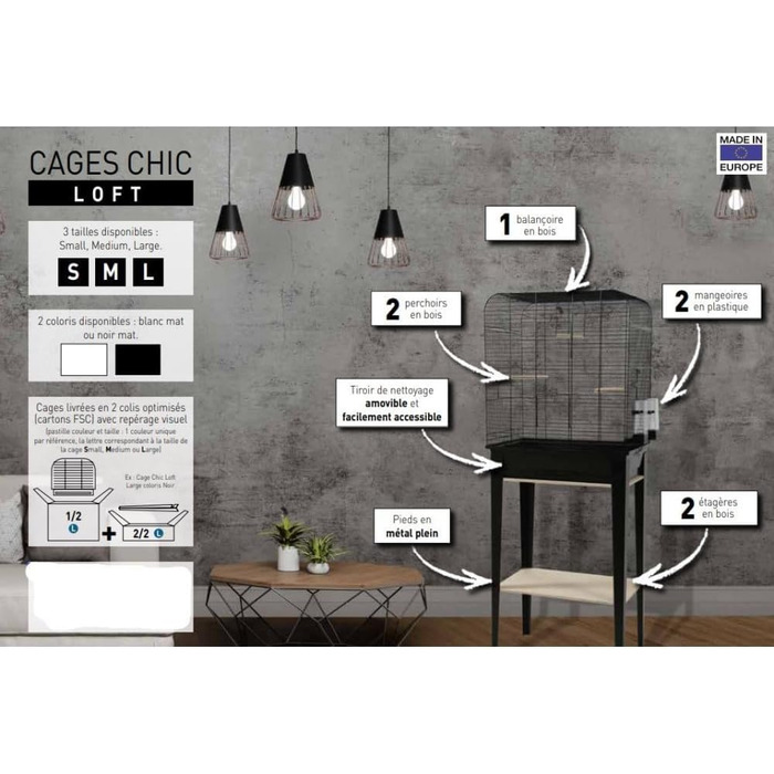 Клітка для птахів Zolux CHIC LOFT S, 38×24,5×113 см, чорна, меблі для папуг