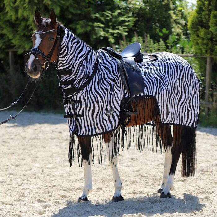 Деки для коней Marengos Zebra з бахромою, 155 см: захист від комах, з вирізом для сідла та начолею, чорно-білий колір, зовнішня деки для коней