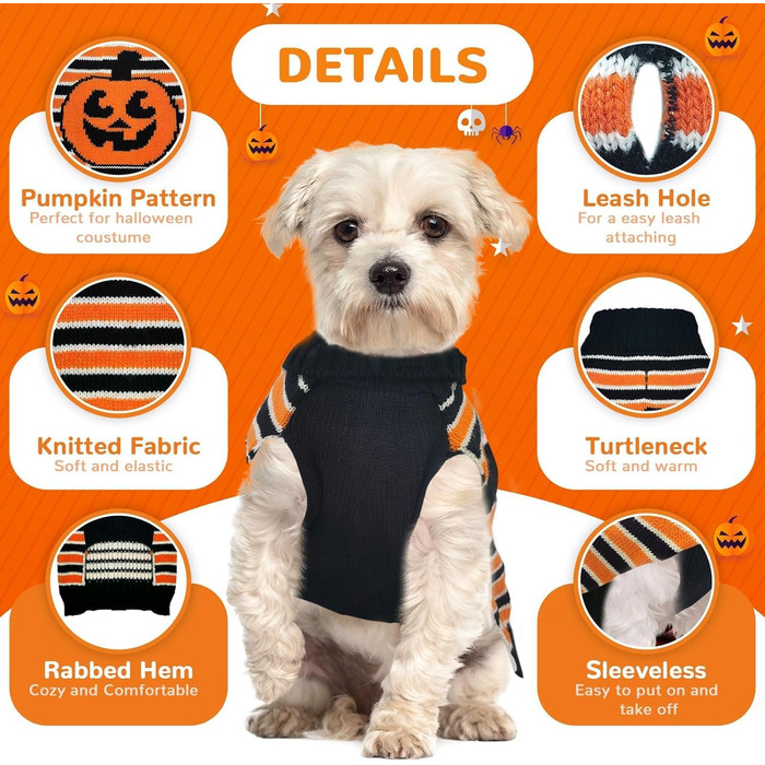 Пуловер для собак PETCARE, в'язаний, смугастий, з мотивом гарбуза, для котів, цуценят, костюм для домашніх тварин, Хелловін, відпочинок, вечірка, для маленьких, середніх та великих собак, одяг (смугастий, розмір XL), XL, помаранчевий