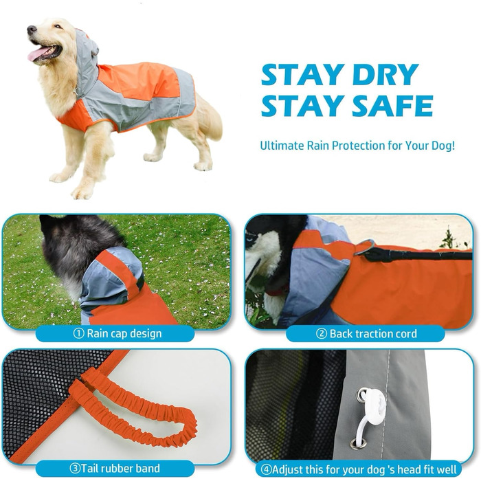 Водонепроникний дощовик для собак, регульований дощовик з відбиваючими смугами та капюшоном, дощова куртка для собак для прогулянок на природі, дощовий плащ для собак маленьких, середніх та великих порід (Зелений, Оранжевий)