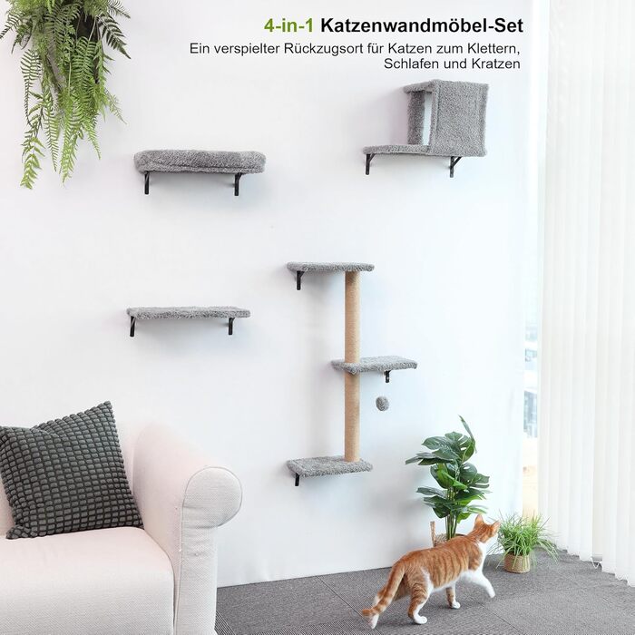 Комплект для котячого комплексу FUKUMARU: стіна для лазіння, гамак, будиночок, міст, драбина. Макс. вага: 18 кг, сірий
