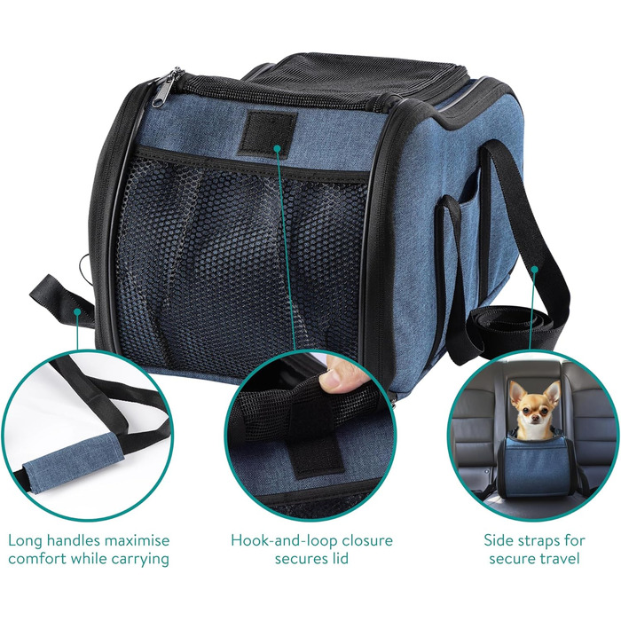 Автокрісло для собак Navaris - блакитне, з блискавкою та повідком - переносна переносна клітка для собак, м'яке крісло