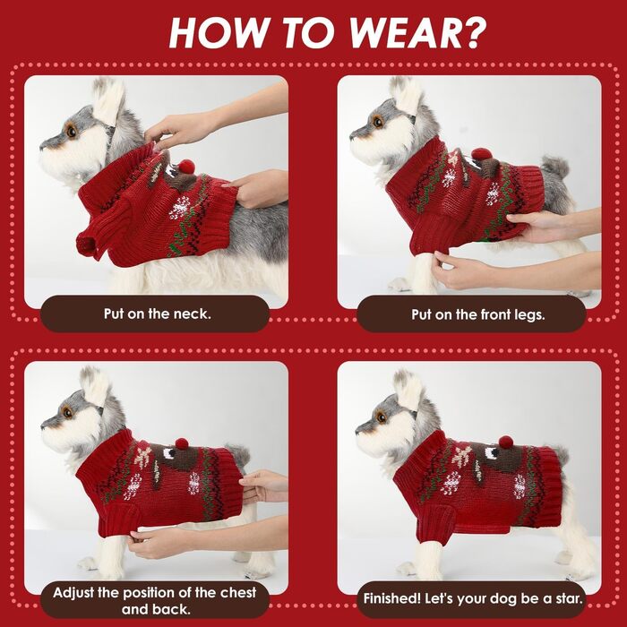 Пуловер для собак SlowTon на Різдво з оленем - теплий зимовий костюм для маленьких та середніх собак, червоно-білий (M)