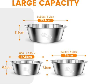 PETTOM Миски для собак з нержавіючої сталі, 2 шт. (3120 мл), миски для корму для собак великих, середніх та маленьких порід, миски для води для собак, антиковзкий силіконовий низ, розмір M - 21 см, сріблясті
