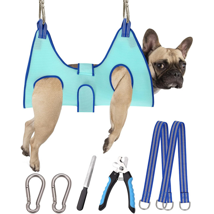 Гондольник для грумінгу собак 2023, розмір L, тримач для шлейки, для підстригання кігтів, гондольник для грумінгу з широким ременем, петля для догляду за шерстю, кишеня для догляду за кігтями, блакитний (Розмір M: 16,3 кг, Макс/Блакитний)