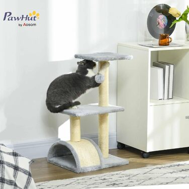 Кігтеточка PawHut для котів 72 см: багатоярусна, з м'ячиками, сизаль, платформа, дряпальня, для середніх котів, кремово-білий (світло-сірий)