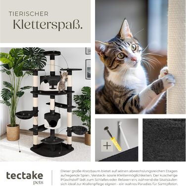 Котячий комплекс tectake XXL, великий кішковий дряпак з іграшками, гамаком, 2 будиночками, стовпчиками з сизалю, до стелі, чорний/білий