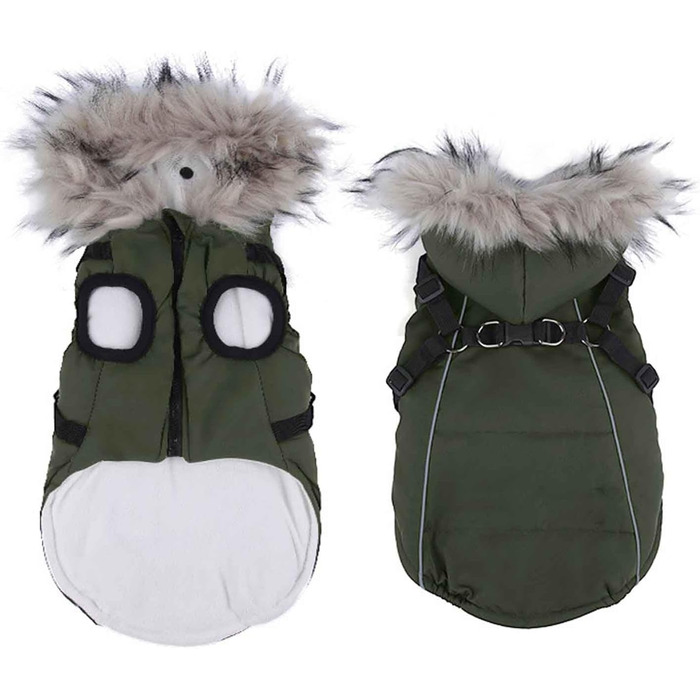 Зимова куртка для собак, тепла пухова жилетка з повідком, водонепроникна, з світловідбиваючими смугами, для маленьких собак, чорна (XXL, Green)