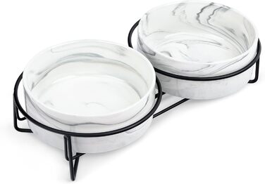 Набір мисок для собак та котів Fanquare з кераміки, сірий мармур, чорний металевий каркас, 400 мл