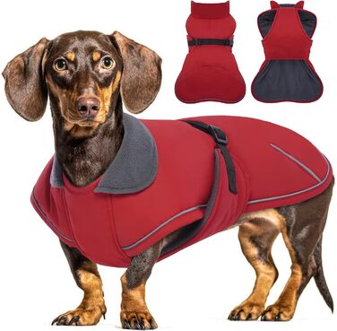 Зимовий теплий куртка для собак - для такс, водонепроникний, з захистом живота та отвором для повідка - червоний