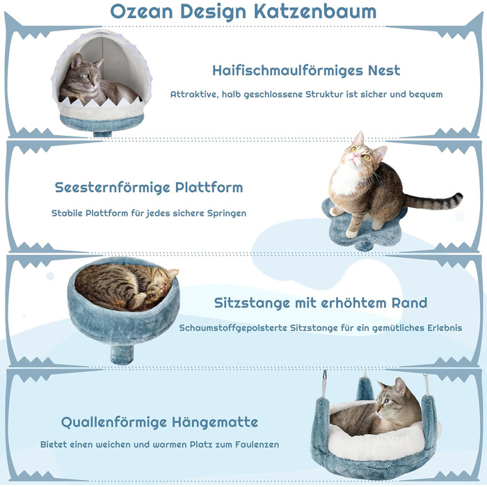 Котячий комплекс Yaheetech Meer Kratzbaum, великий, сучасний дизайн 'Океан', з гамаком та мотузкою з сизалю, 115 см, блакитно-білий