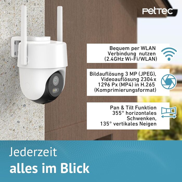 PETTEC камера для тварин Free'n 360: Wi-Fi 2.4ГГц, акумулятор, панорамне обертання, без підписки, зовнішня камера 3MP, детекція руху, нічне бачення 20м, IP65, прожектор і сирена