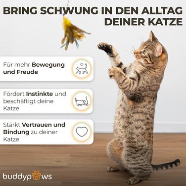 BuddyPaws® Паличка-пір'їна для котів Stabil – Інтерактивна іграшка з 4 пір'ями та котячою м'ятою, висувна 42-104 см, гнучка, з запасним шнуром, аксесуари для котів