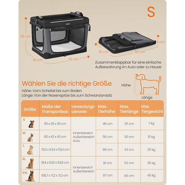 Клітка для собак Feandrea, 50x35x35 см, складана переноска для маленьких собак, чорна, з місткістю для води та корму
