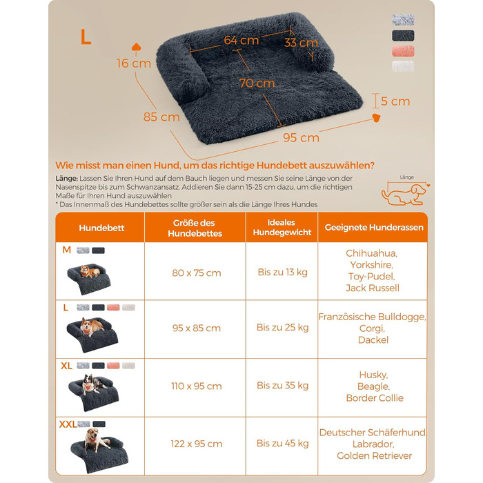 Крісло-лежанка для собак Feandrea FluffyHug, м'яка лежанка-софа, захист дивану, подушка для собак, розмір L, для середніх собак, 95 x 85 x 16 см, темно-сірий