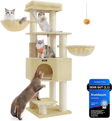 Драбина для котів Feandrea з підігріваючими ковдрами, велика, з 2 когтеточками, платформами, затишною печею, 50x50x160 см, пісочно-бежевий PCT003Y01