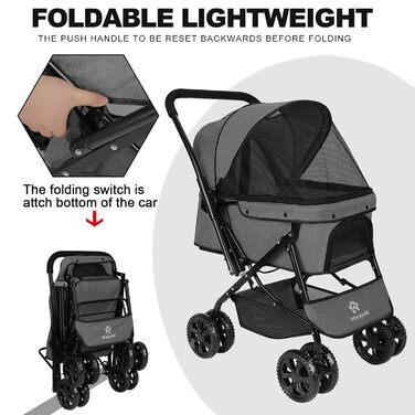 Візок для собак Wedyvko до 20 кг, 4 колеса, складний, для маленьких та середніх собак та котів, з кошиком для зберігання та тримачем для напоїв, зелений (A-темно-сірий)