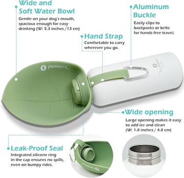 LumoLeaf Ізольована термофляга для собак, 800 мл - Зберігає воду холодною або теплою годинами, міцна та портативна для подорожей, широке горлечко для зручного наповнення та миття (Зелена, 800 мл)