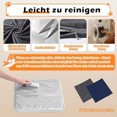 Килимок гріючий для тварин 45x45 см – підігрівальний килимок для собак та котів, 30–60°C, таймер 14 год, захист від перегріву, міцний кабель 1,8 м, 2 знімні чохли, регулювання температури