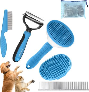 Набір щіток для собак, 5 шт., для грумінгу, самоочищувані, для великих та середніх собак, котів та дрібних тварин, для довгої та короткої шерсті, зменшує випадання шерсті, блакитний