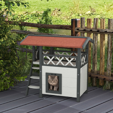 PawHut Cat House 2-х поверховий з асфальтовим дахом і балконом, котяча вілла зі сходами з масиву дерева, біла, 77 х 50 х 73 см