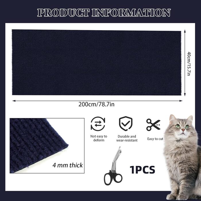 Килимок для дряпання котів, 200х40 см, темно-синій, на стіну, килимок для кігтів