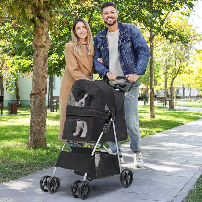 Візок для собак та котів YITAHOME, до 15 кг, з сітчастими віконцями, тримачем для напоїв та кошиком для речей (Чорний)