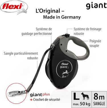 Flexi Giant Plus 8 м рулетка для собак до 25 кг, неонова стрічка, підвищена видимість, міцна та ергономічна система гальмування, чорна