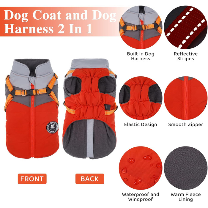 Зимовий одяг для собак, світловідбиваючий, водонепроникний, з облаштуванням для маленьких та середніх собак (L, Помаранчевий)