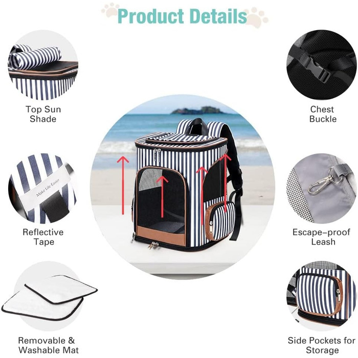 Розширюваний рюкзак для кота Ekesky – зручний, дихаючий рюкзак для середніх та великих котів та собак, з внутрішньою фіксацією та килимком для тварин, об'єм 9 л (L, смугастий)