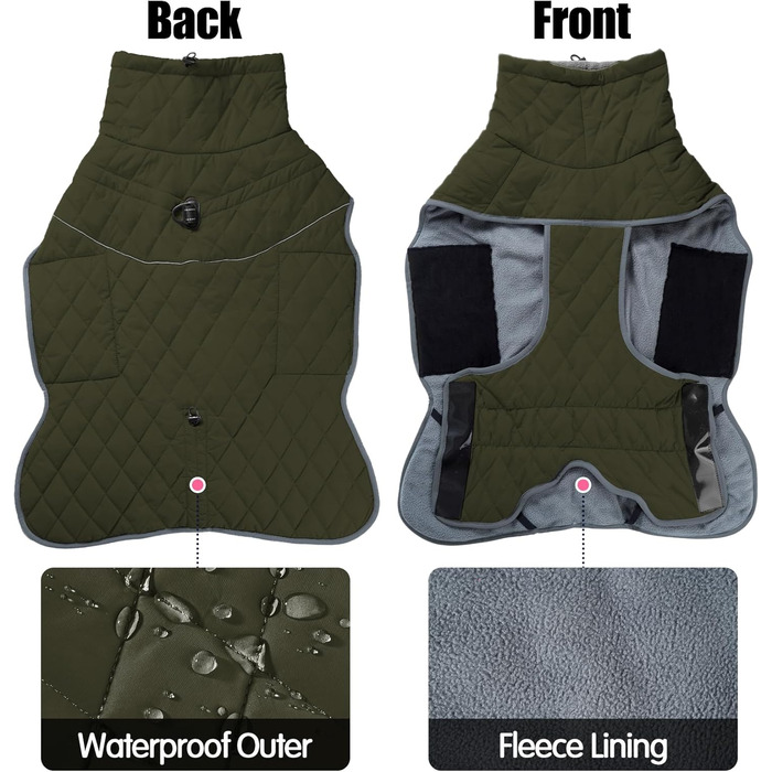 Зимовий водонепроникний теплий одяг для собак Heywean: куртка з кільцем D, флісова підкладка, одяг для собак, куртка для собак, жилет для собак, одяг для маленьких, середніх та великих собак, зелений