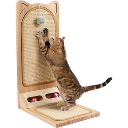 Котячий когтетоп MALOROY з масивного дерева, 58 см, L-подібний когтетоп з картону, стійкий, з іграшкою-м'ячиком, для стіни та кута