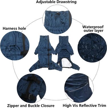 Дощовик для собак на 4 лапи, комплект куртка та штани, з отвором для шлейки, світловідбиваючий, водонепроникний, для великих, середніх та маленьких собак, Navy Blue, XXXL