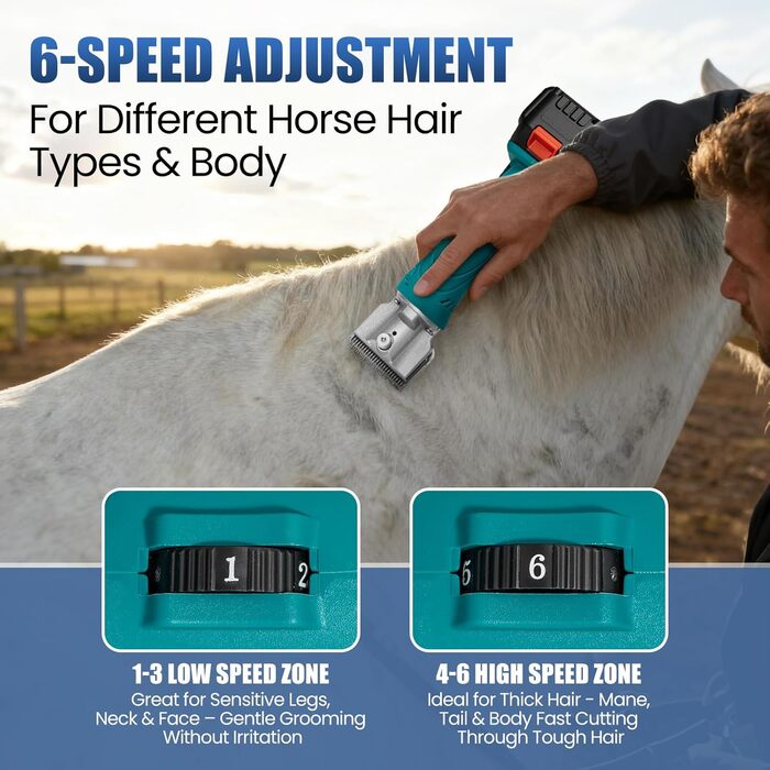 Акумуляторна машинка для стрижки шерсті Anbull: 2 акумулятори, 2800 обертів, для товстого та сплутаного хутра, 6 швидкостей, для коней, овець, кіз (Блакитна)