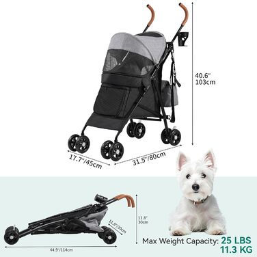 Візок для собак YITAHOME - переноска для тварин до 11,3 кг, з сіткою, тримачем для напоїв, кошиком та переноскою (сірий/чорний)