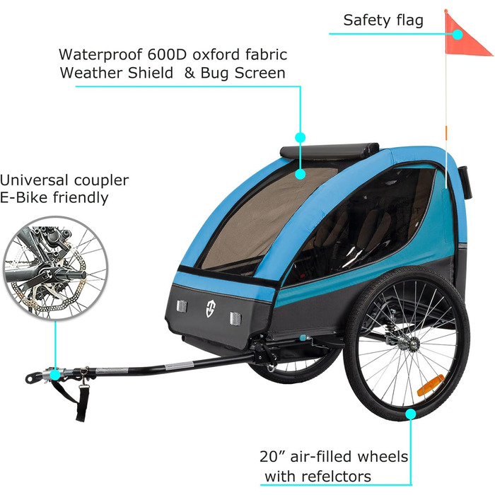 Дитячий велопричіп Tiggo VS 2в1 з амортизацією та поворотним з'єднанням 360° - для 1-2 дітей до 40 кг (синій)