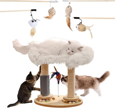 Кігтеточка-гойдалка для котів з платформою, сизаль, зручне ліжко з штучного хутра, іграшки для котів (2 м'яти, 4 дерев'яні, 1 інтерактивна джура), 5 шт.