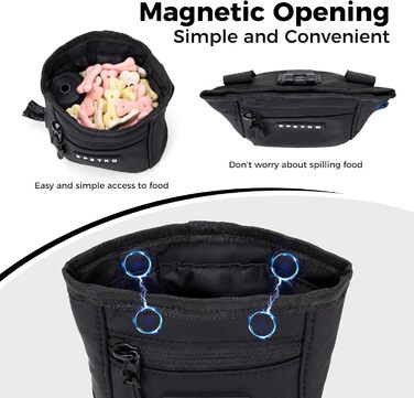 Сумка для ласощів для собак з металевим кліпом на ремінь, міцна застібка-магніт, велика місткість, диспенсер для пакетів для вигулу (чорний)