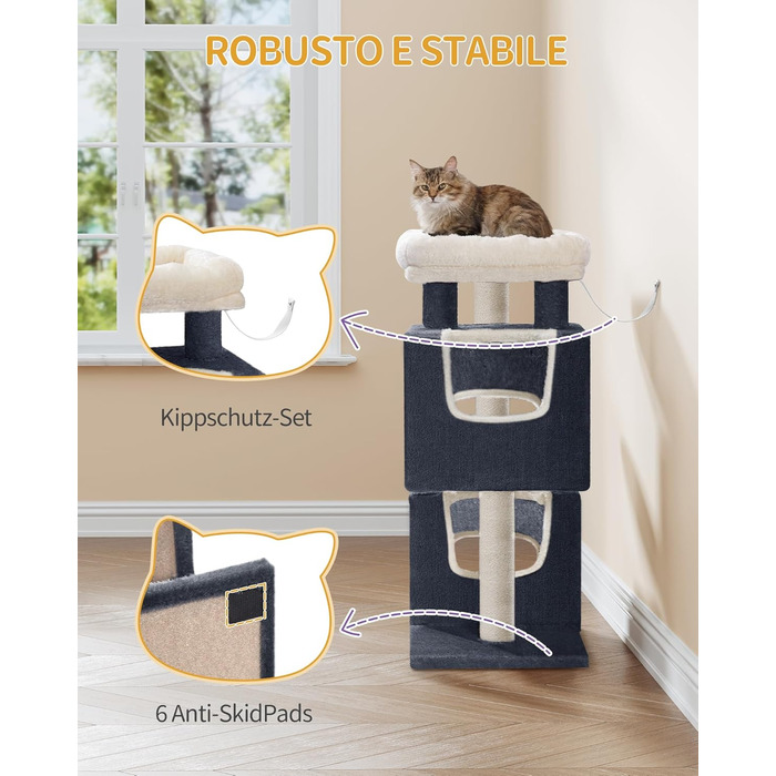 Дерево для котів Hzuaneri, 75 см, зі стійкою конструкцією, великою лежанкою, котячою печеркою, сизалевими стовпчиками, кошиком та іграшками, сірий колір