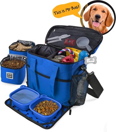 Чорна сумка для подорожей з собаками Overland Chiens Gear для великих собак. 2 контейнери для їжі, 2 складані миски, блакитний колір