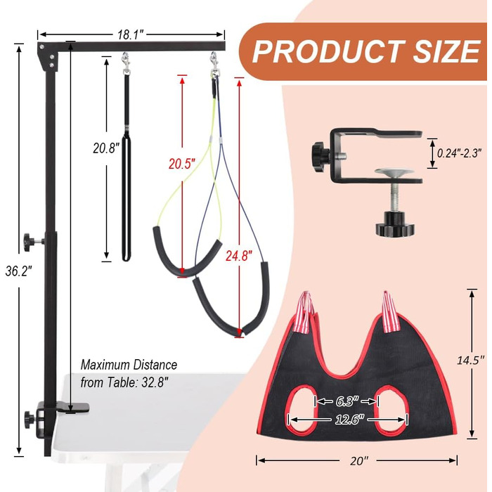 Підтримка для грумінгу собак HIDOG з затискачем, регульований стіл для грумінгу собак з двома фіксаторами та підвісним гамаком, складане аксесуар для догляду за домашніми тваринами для маленьких та середніх собак