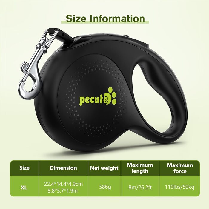 Рулетка для собак Pecute 8м, 50 кг, 360°, антиковзний хват, швидка зупинка, зелена