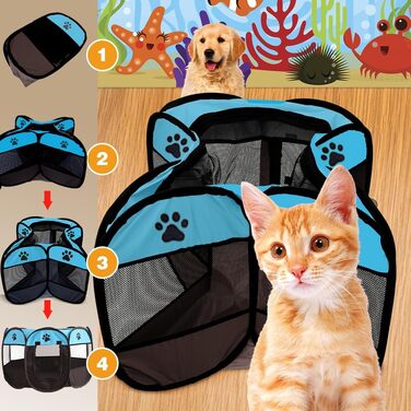 Клітка-забіг для цуценят та тварин, 74x74x43 см. Клітка-вольєр для собак, котів, кроликів та дрібних тварин для використання в приміщенні та на вулиці (Рожева) (Синій восьмигранний)