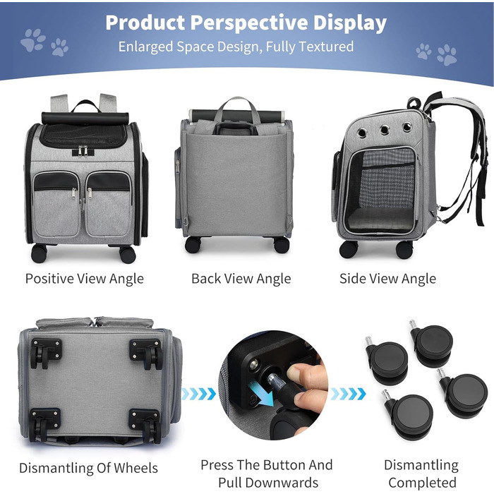 Рюкзак-переноска для кота та собаки PETCUTE з візком 2 в 1 до 11 кг, сірий. Знімний килимок, дихаюча переноска для подорожей з тваринами