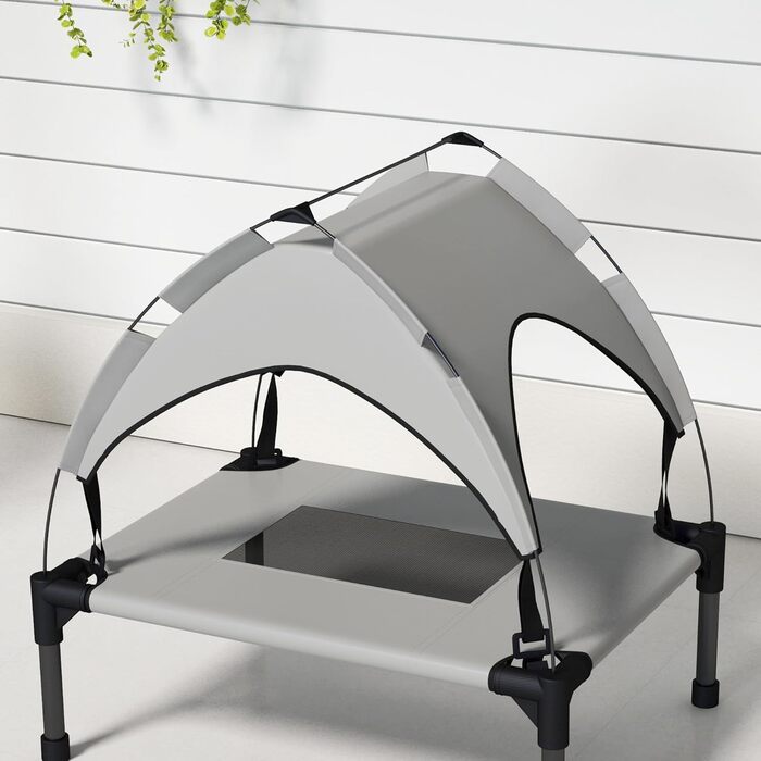 PawHut Підвищене собаче ліжко з балдахіном, ліжко для домашніх тварин, вулична лежанка для собак з дахом, дихаюча, для маленьких та середніх собак, Оксфорд 76 x 61 x 69,5 см (Д 61 x Ш 46 x В 63 см, світло-сірий)