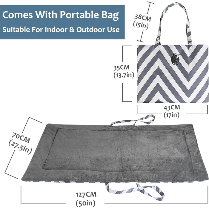 Водонепроникний килимок для котів та собак Kritter Planet, складаний, миючий, для відпочинку на природі, у подорожах та кемпінгу, з ручками, 80 x 60 см (сірий хвилястий, 127 x 70 см)
