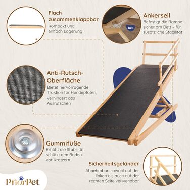 Сходинки для собак до ліжка з поручнями - для великих собак до 90 кг - регульована висота до 94.5 см - ширина 49.5 см - складаються - антиковзні ручки - з натурального березового дерева - колір натуральний