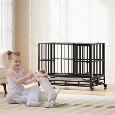 Міцний переносний вольєр для собак, транспортна переноска для великих собак, 94x58.5x74.8 см. Металевий вольєр на 4 колесах з двома дверцятами, знімний піддон. Підходить для малих, середніх та великих собак.