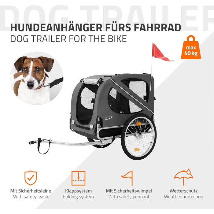 Фаркоп-причіп для велосипеда Hauki 2-в-1: для собак та дітей, сірий, 130x72x90 см, до 40 кг, з відбивачами, мотузкою та прапорцем