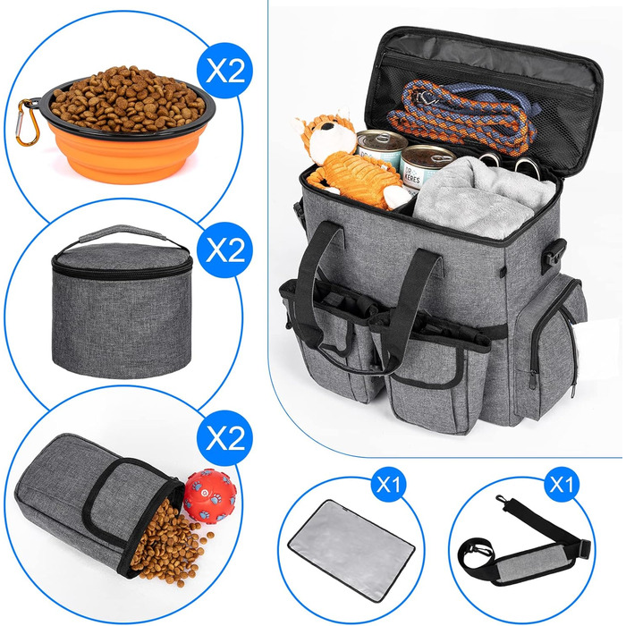 Сумка-переноска для собак Modoker, схвалена авіакомпаніями, органайзер для домашніх тварин з плечовим ременем, 2 контейнери для корму для собак, 2 складні миски для собак, темно-сірий